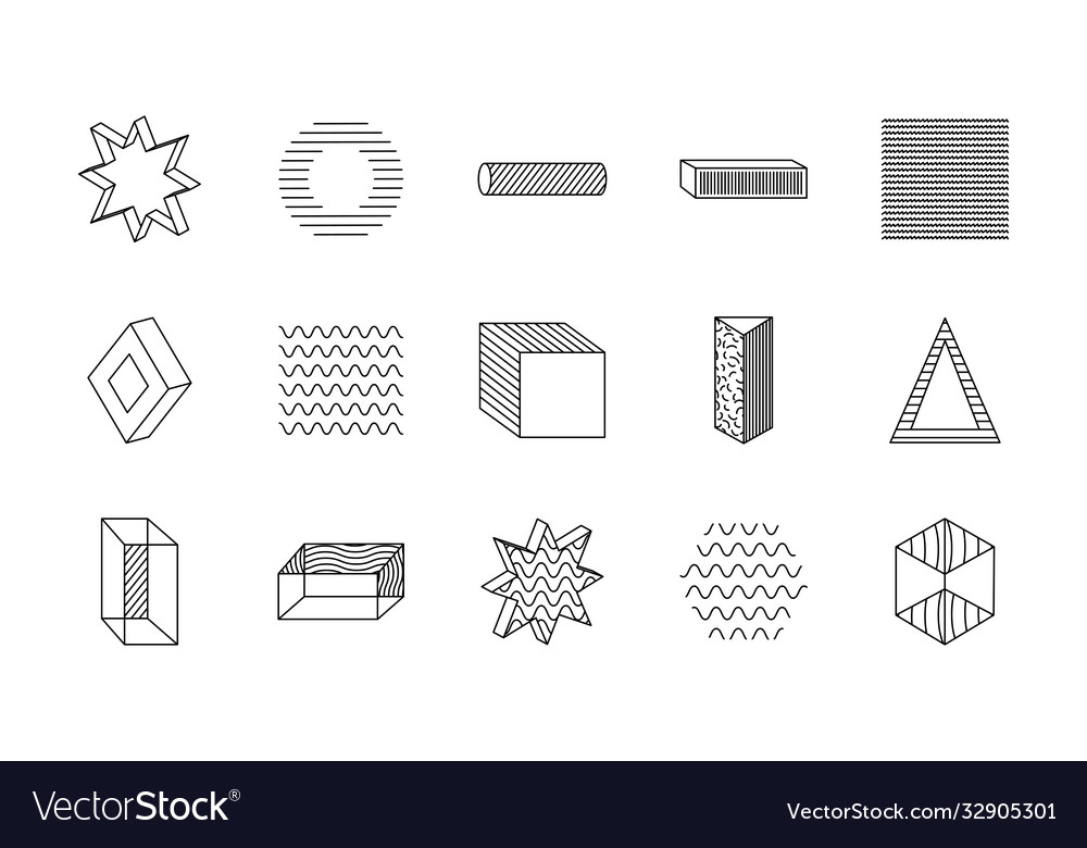 Cube and geometric shapes icon set line style