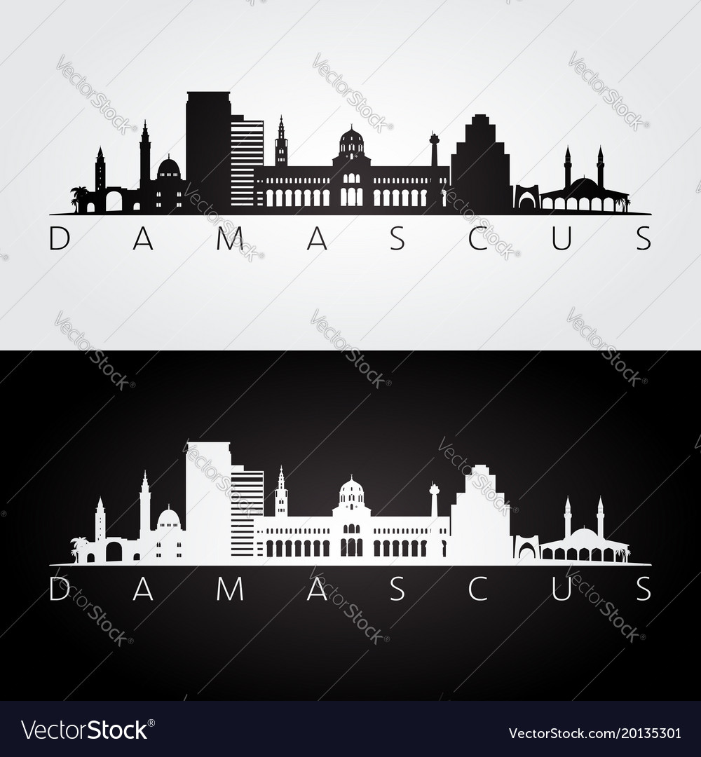 Damascus skyline and landmarks silhouette black