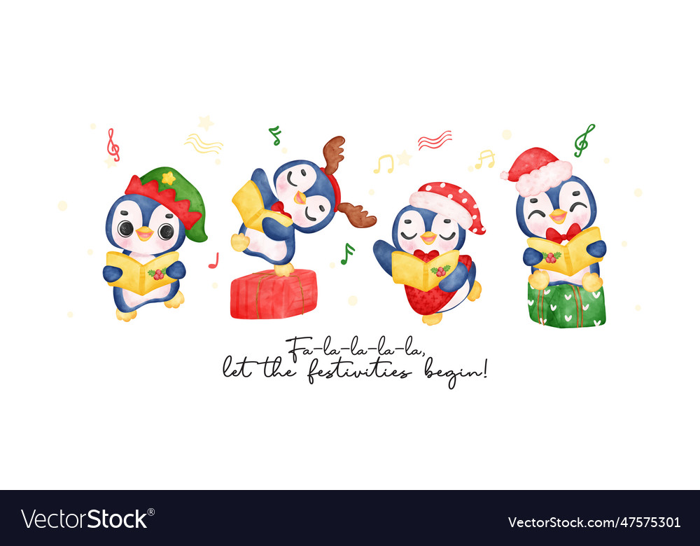 Group of charming christmas caroler penguins vector image Group of charming christmas caroler penguins