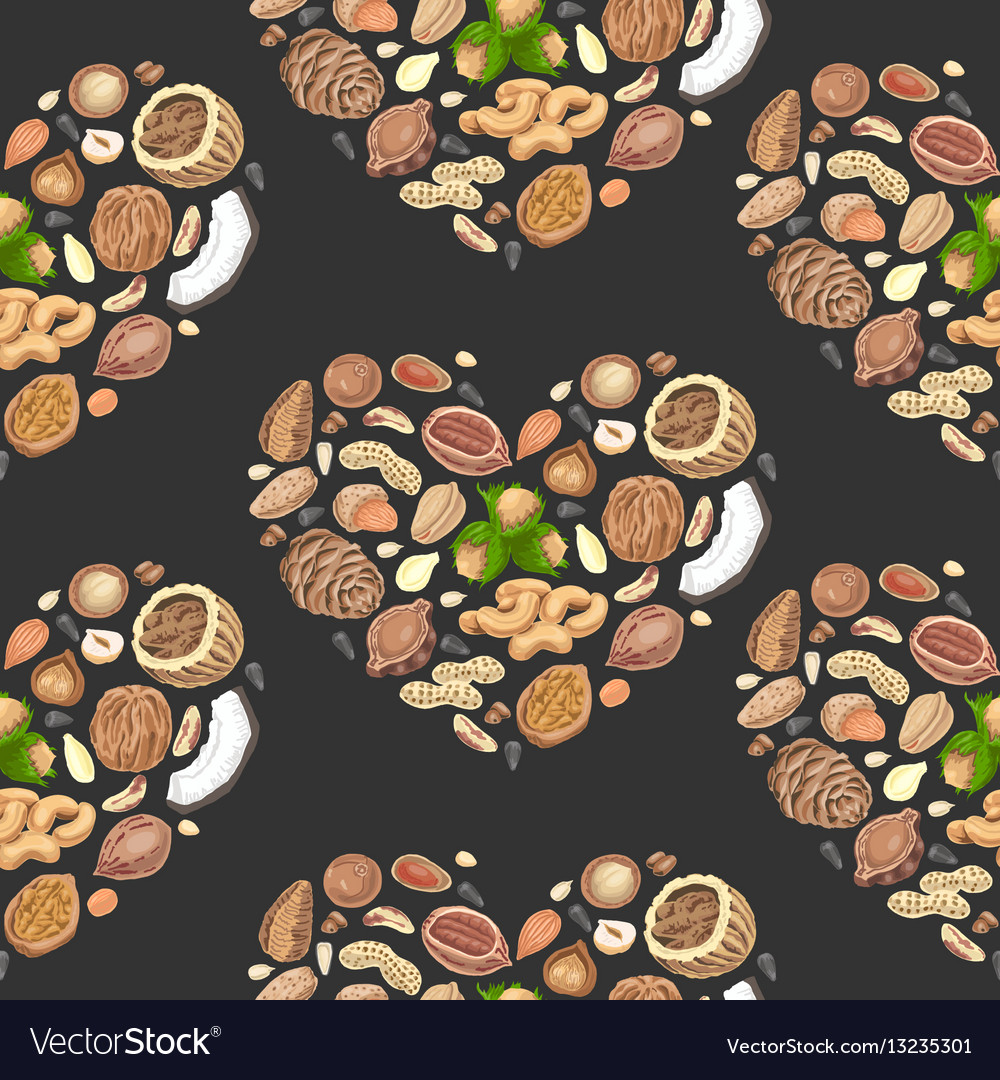 Seamless pattern with colored nuts and seeds