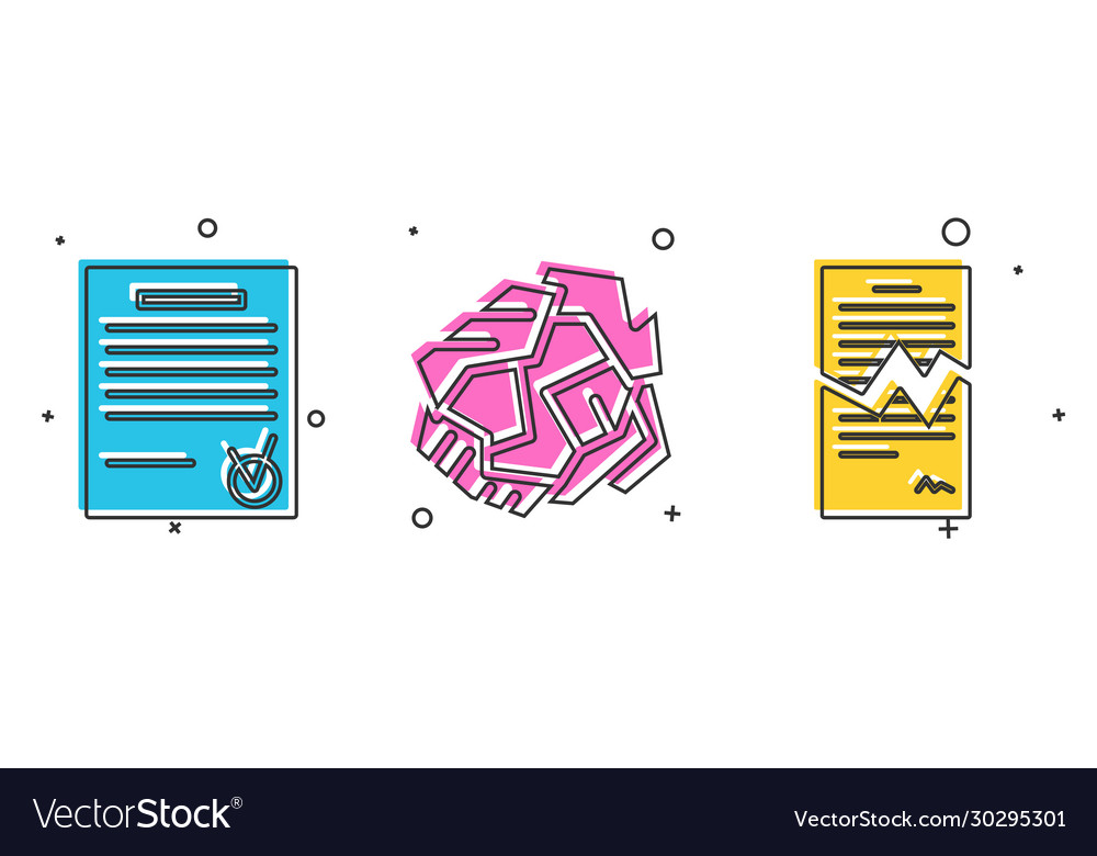 Set confirmed document and check mark crumpled vector image Set confirmed document and check mark crumpled