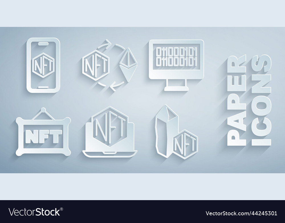 Set Laptop mit Art Store App Binärcode nft vector image Set Laptop mit Art Store App Binärcode nft