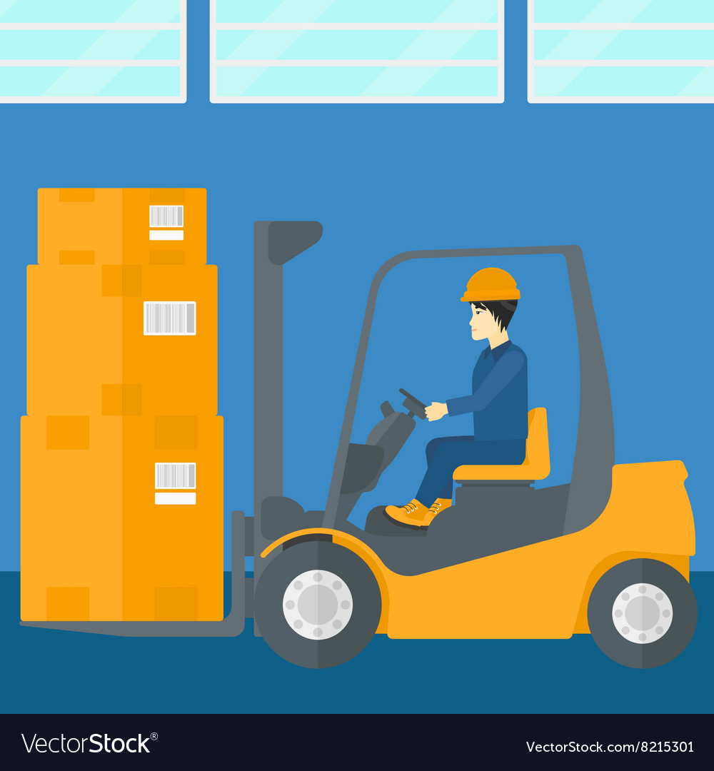 Warehouse worker moving load by forklift truck