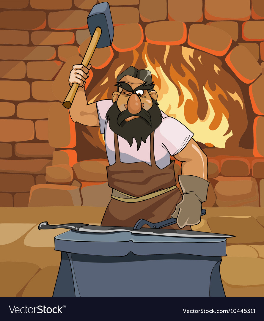 Cartoon male blacksmith forges a sword in smithy