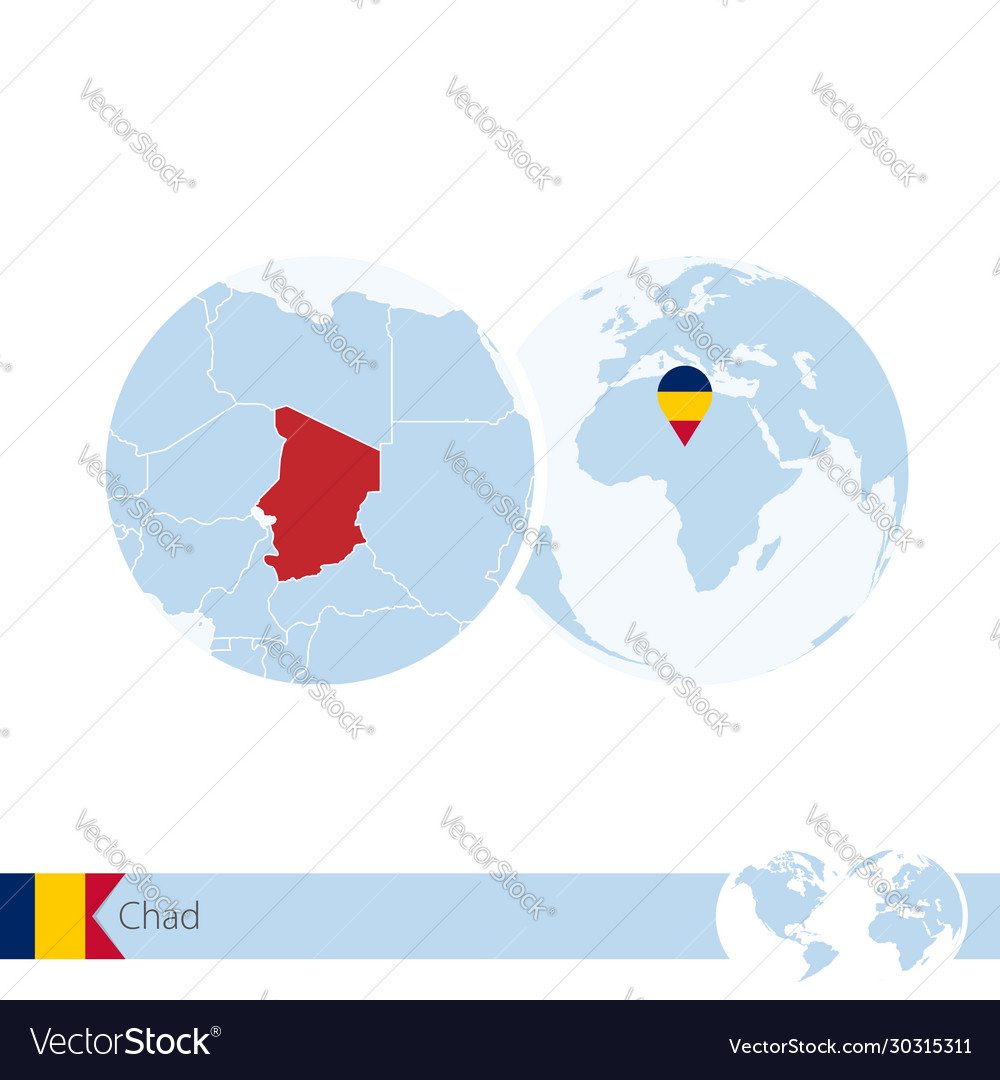 Chad on world globe with flag and regional map