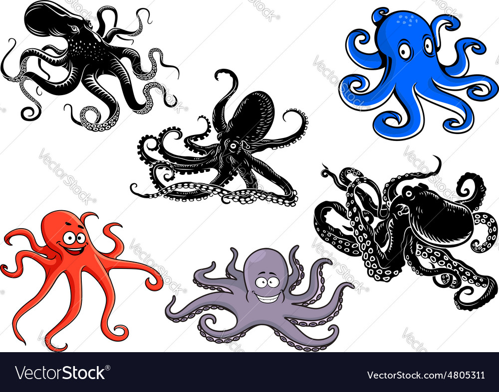 Colorful and black cartoon octopus characters Vector Image