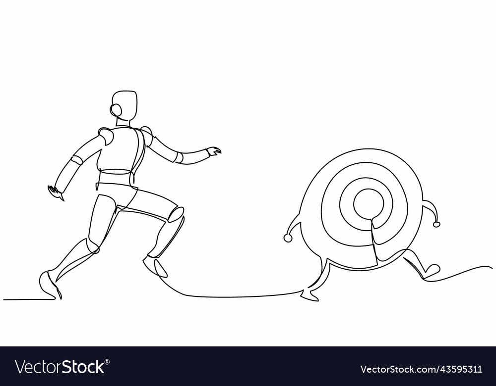Continuous one line drawing robot chase dartboard vector image Continuous one line drawing robot chase dartboard