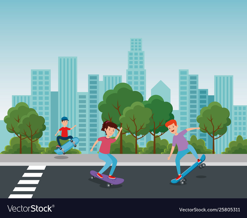 Girl and boy playing skateboard in park