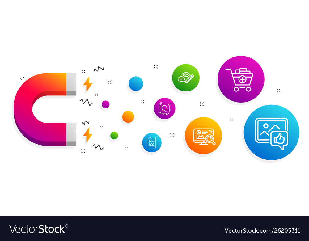 Head seo analytics and add products icons set vector image Head seo analytics and add products icons set