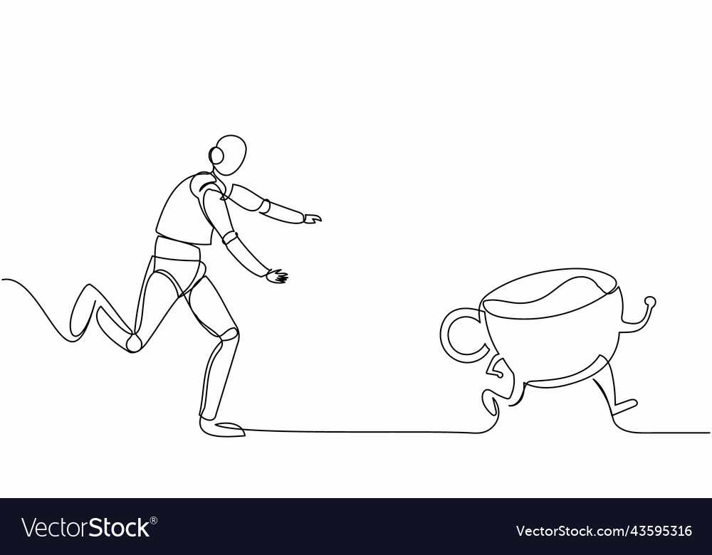 Continuous one line drawing robot run chase vector image Continuous one line drawing robot run chase