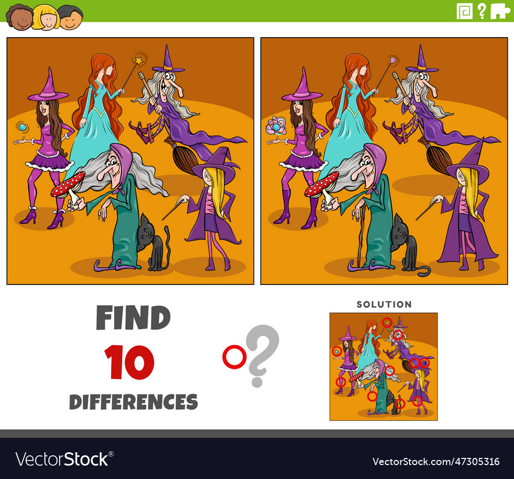 Differences activity with cartoon witches fantasy Vector Image