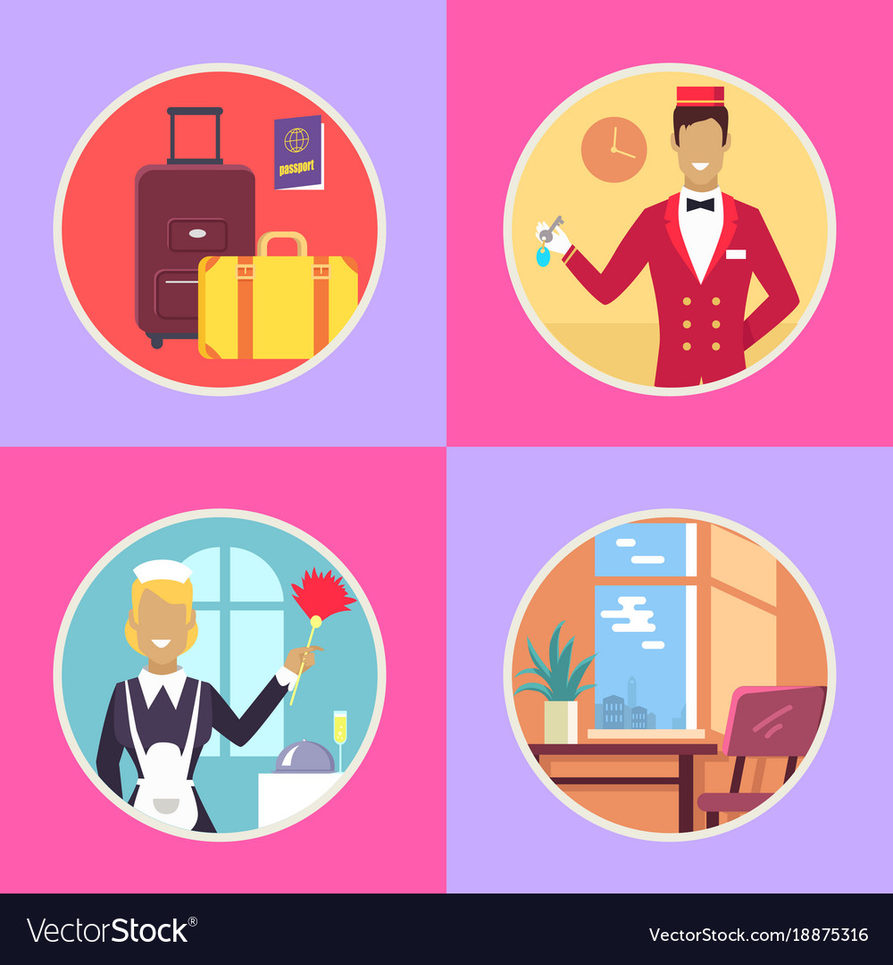 Hotel conveniences round cartoon set
