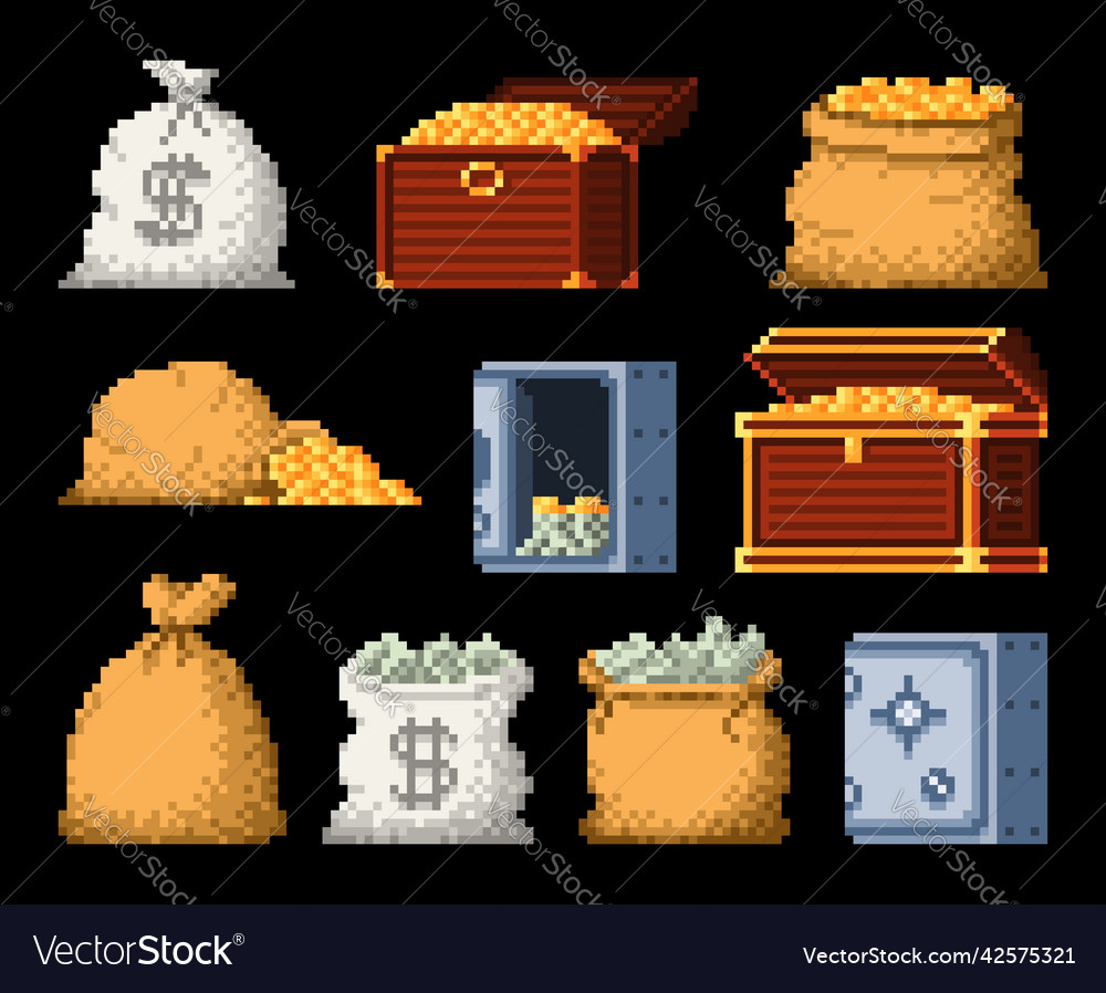 8 bit pixel money bag golden coins treasure chest Vector Image