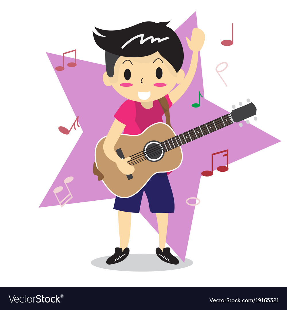 Young boy playing acoustic guitar happy love