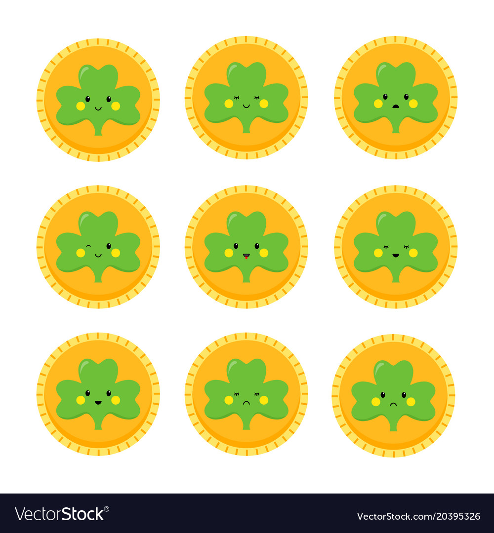 Clover and gold coin emoticons or emoji Royalty Free Vector