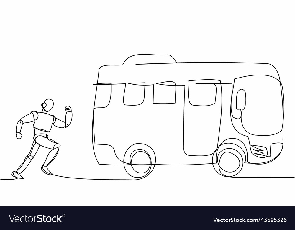 Single one line drawing robot run chasing bus vector image Single one line drawing robot run chasing bus
