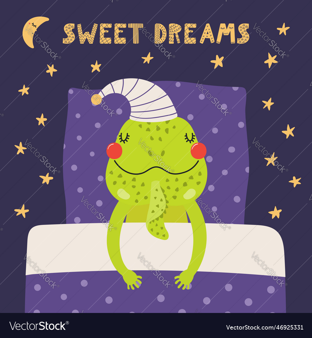 Cute funny sleeping iguana with pillow blanket Vector Image