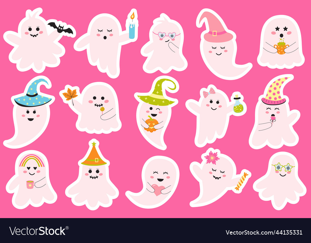 Cute pink halloween ghosts stickers set