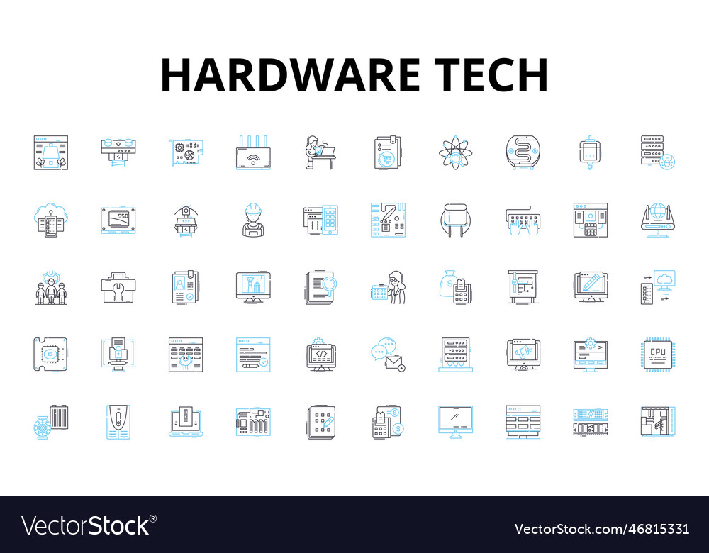 Hardware tech linear icons set processor vector image Hardware tech linear icons set processor