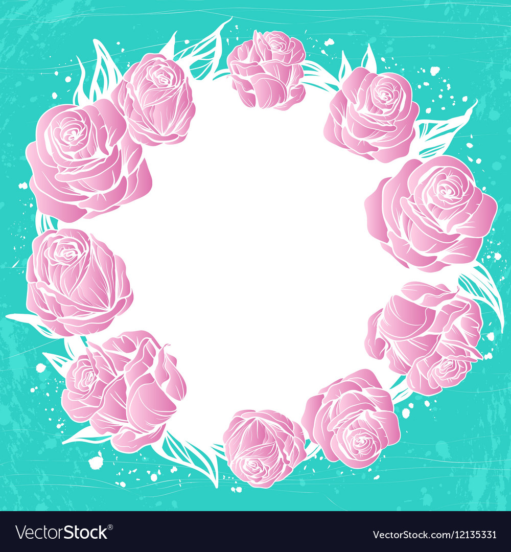 Wreath of pink roses flowers on green background