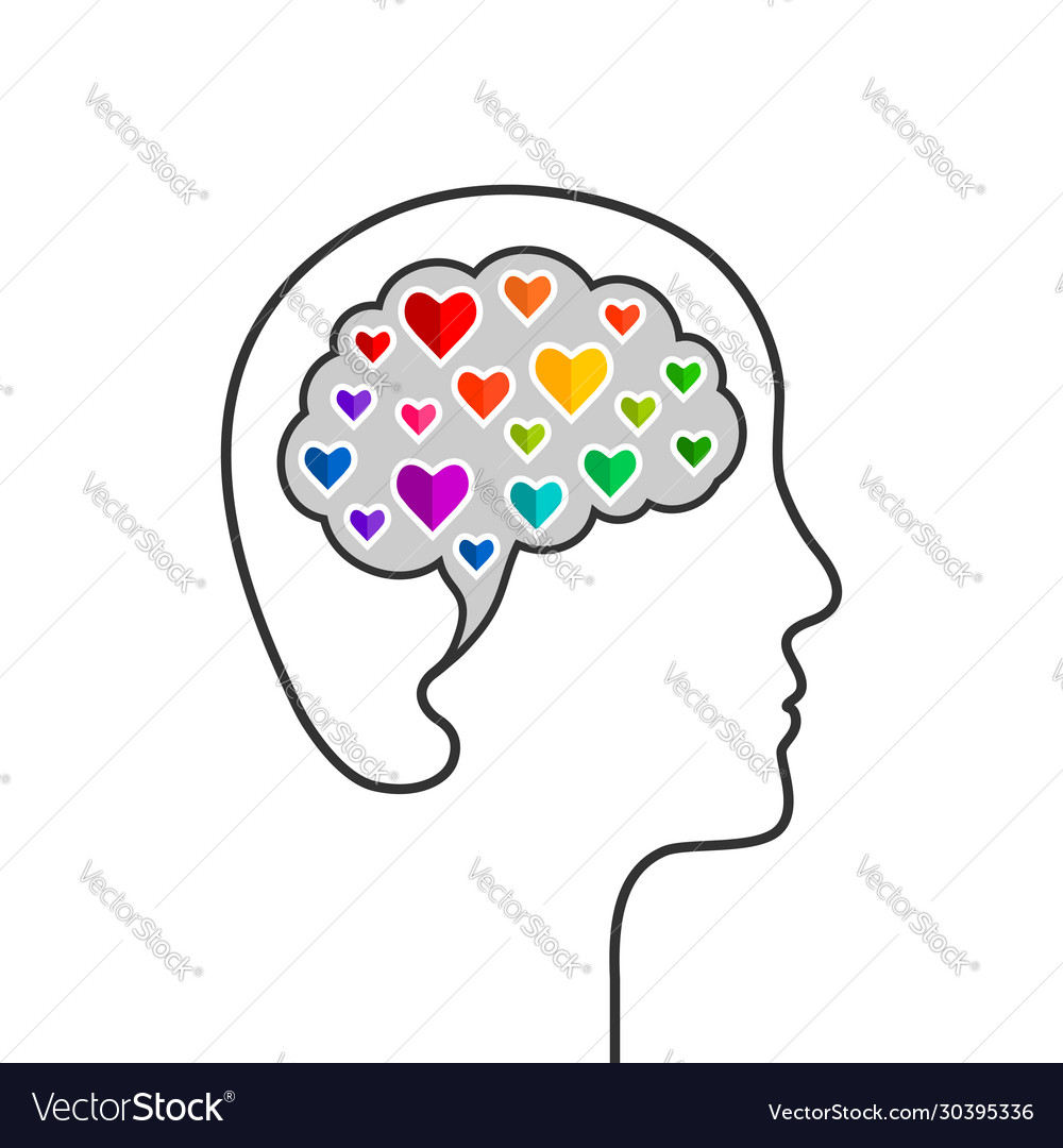 Head and brain silhouette with colorful hearts