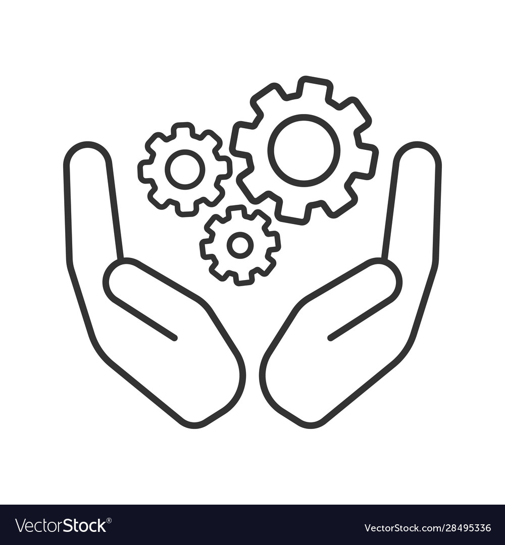 Open palms with cogwheels linear icon