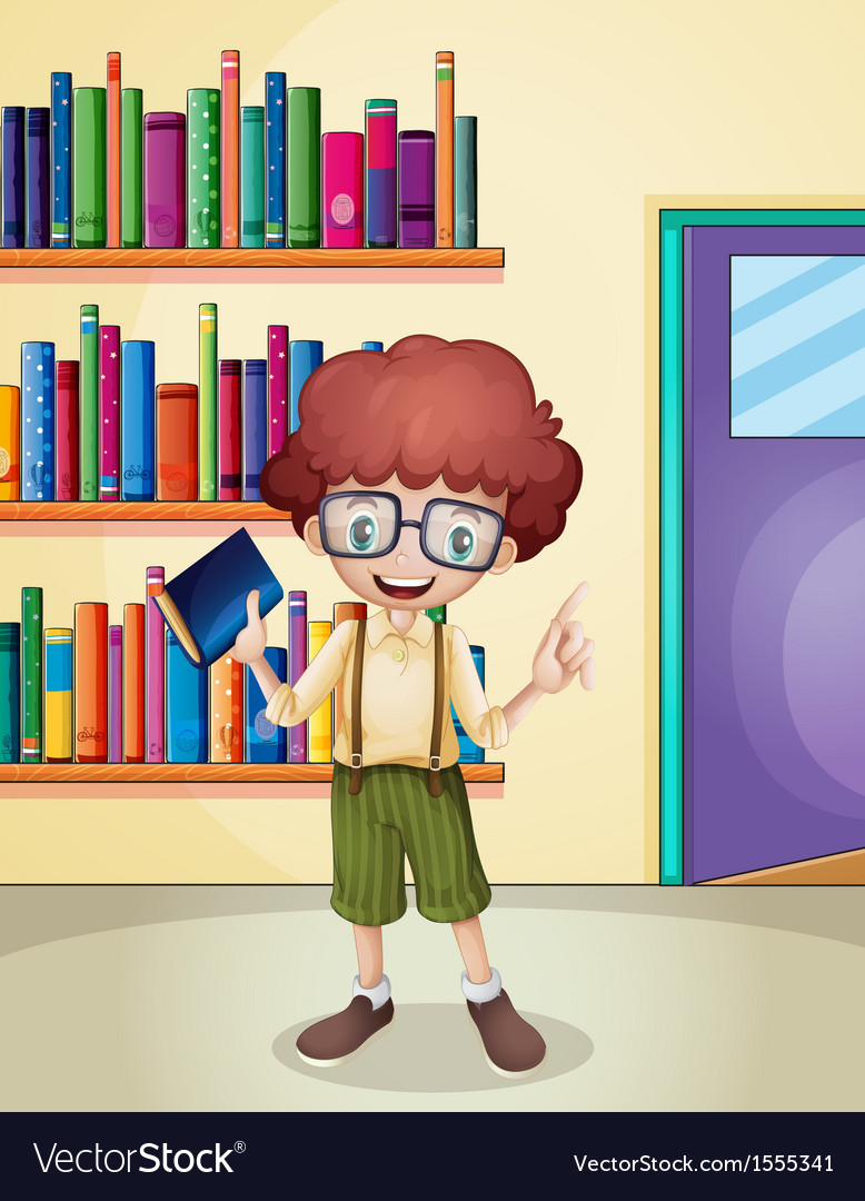 A smiling boy holding a book in front of the Vector Image