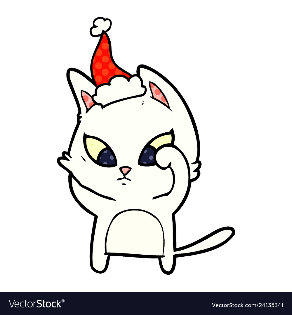 Confused comic book style of a cat wearing santa