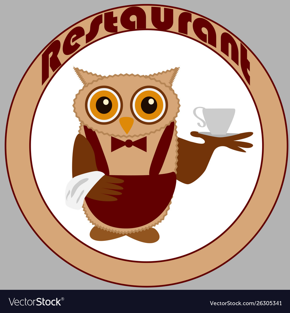 Owl-waiter in claret and butterfly with a cup