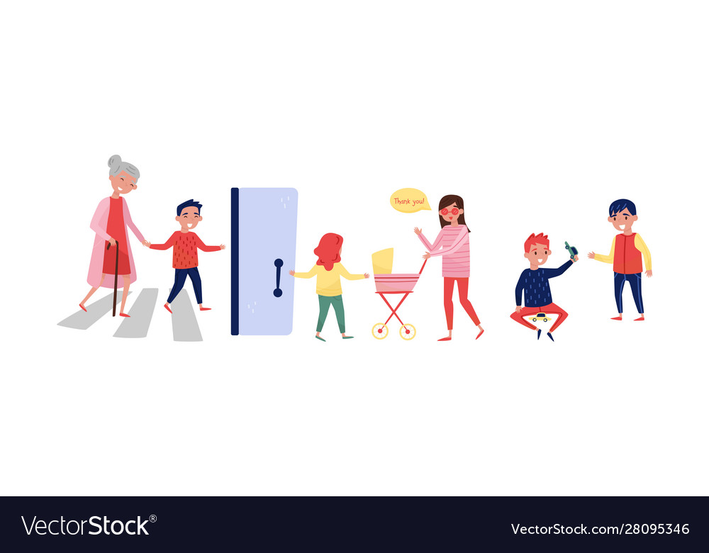 Children help adults cross road and hold Vector Image