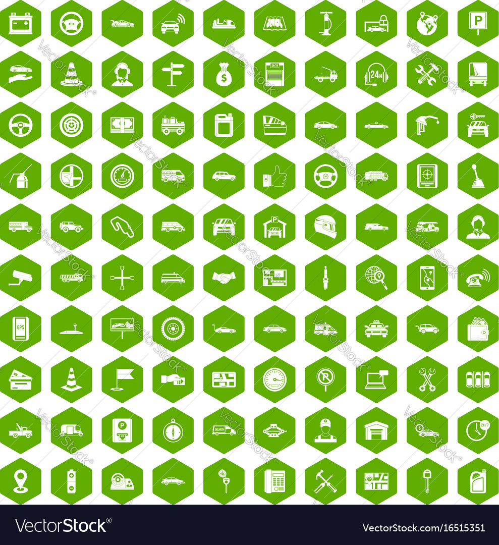 100 auto icons hexagon green Royalty Free Vector Image