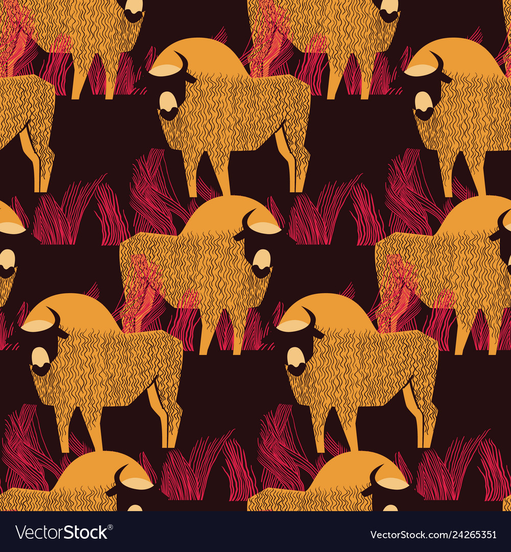 Bison in a field high grass seamless pattern vector image Bison in a field high grass seamless pattern
