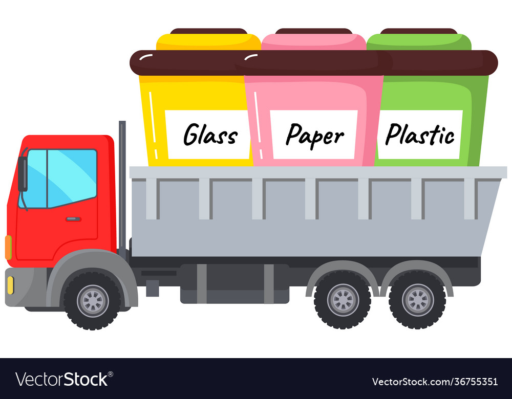 Garbage containers in truck cab refuse sorting vector image Garbage containers in truck cab refuse sorting