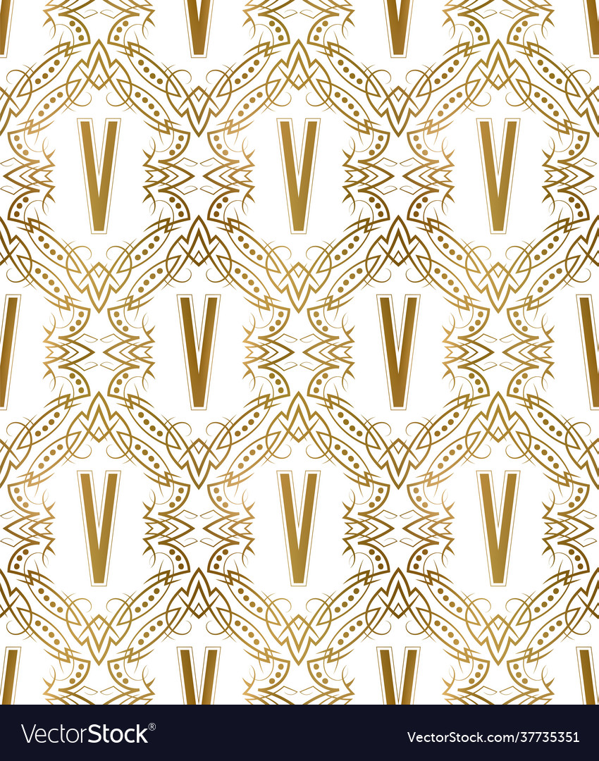 Golden initial seamless pattern with v letter vector image Golden initial seamless pattern with v letter