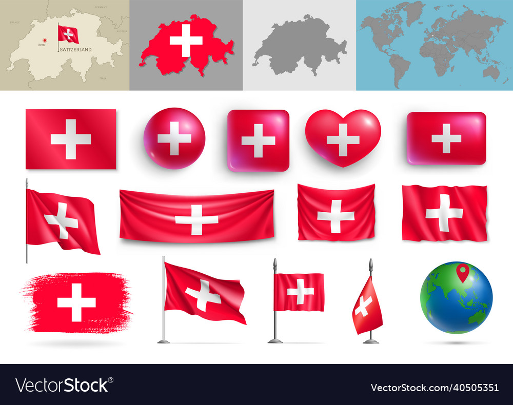 Set of red switzerland flags and geographic map