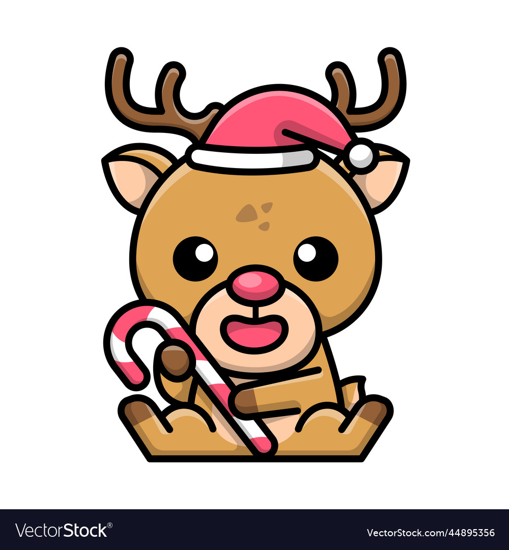 A cute reindeer with a santa hat is holding a Vector Image