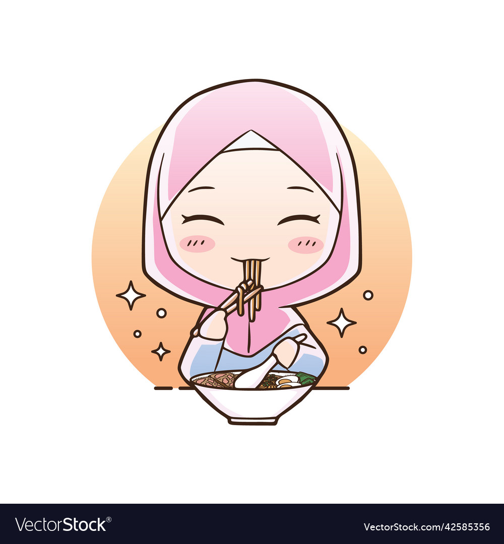 Cute girl eat halal ramen noodles food mascot logo