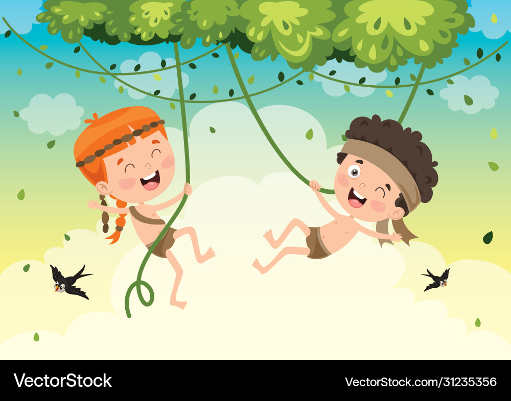 Kids swinging with root rope in jungle Royalty Free Vector
