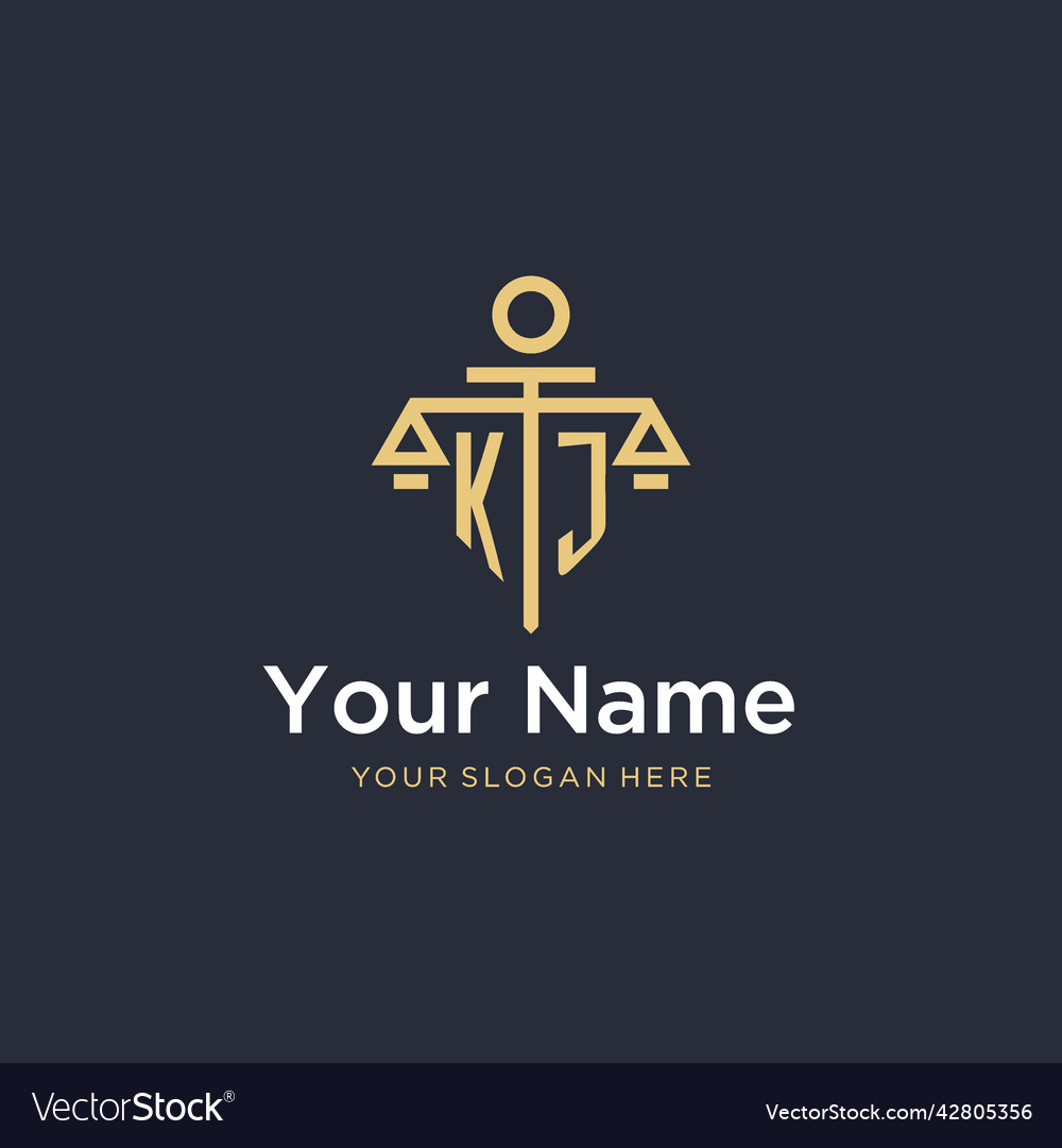 Kj initial monogram logo with scale and pillar