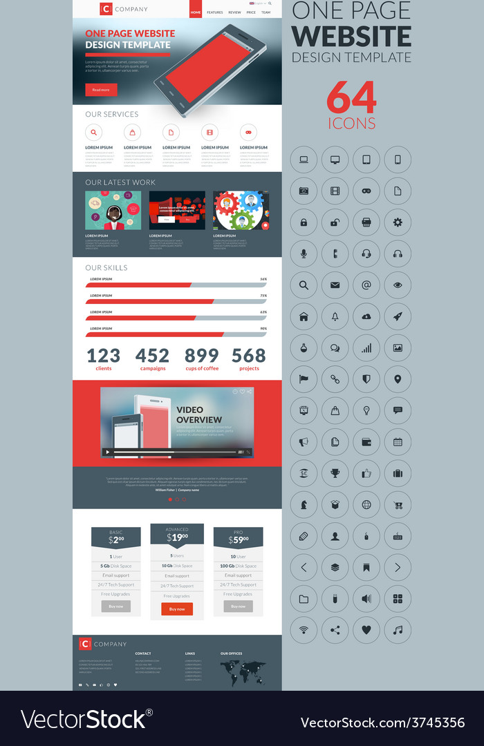 One page website template in flat style with icon