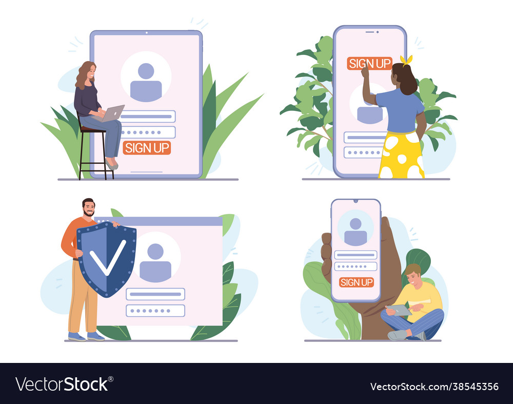 People using assorted digital devices to register vector image People using assorted digital devices to register