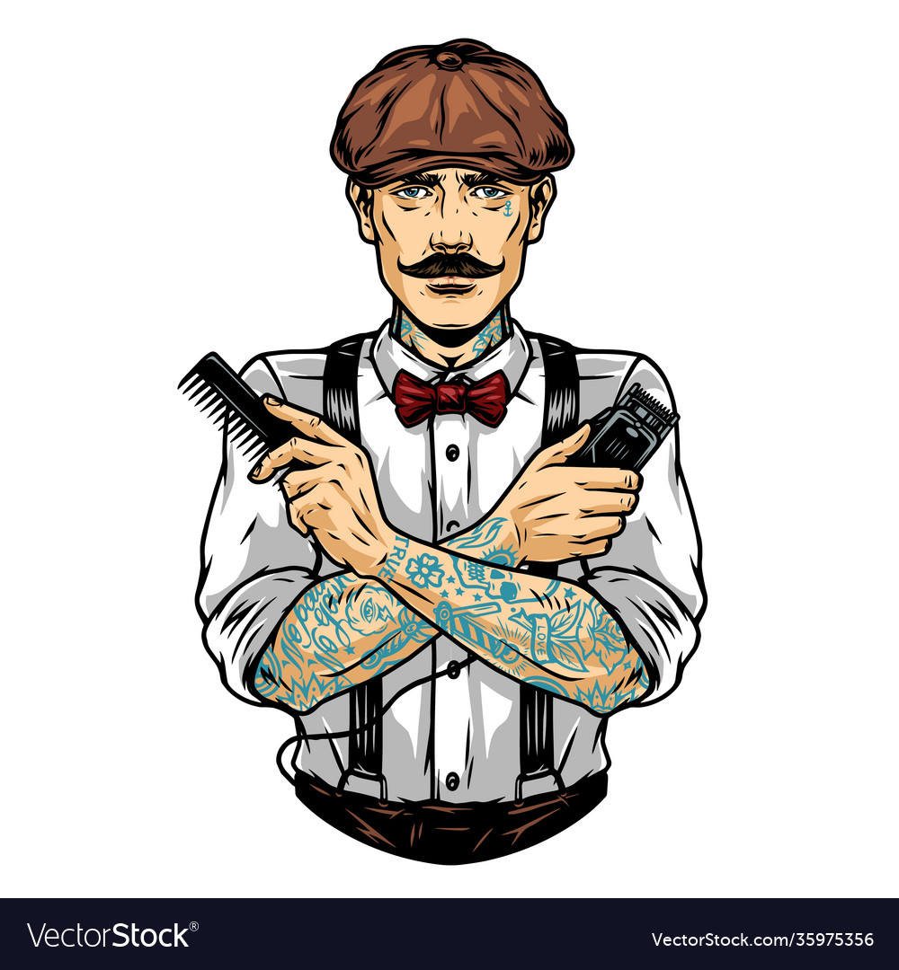 Vintage concept trendy tattooed barber Royalty Free Vector