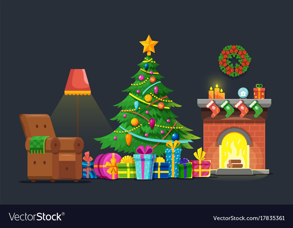 Cartoon living room with xmas tree and fireplace Vector Image