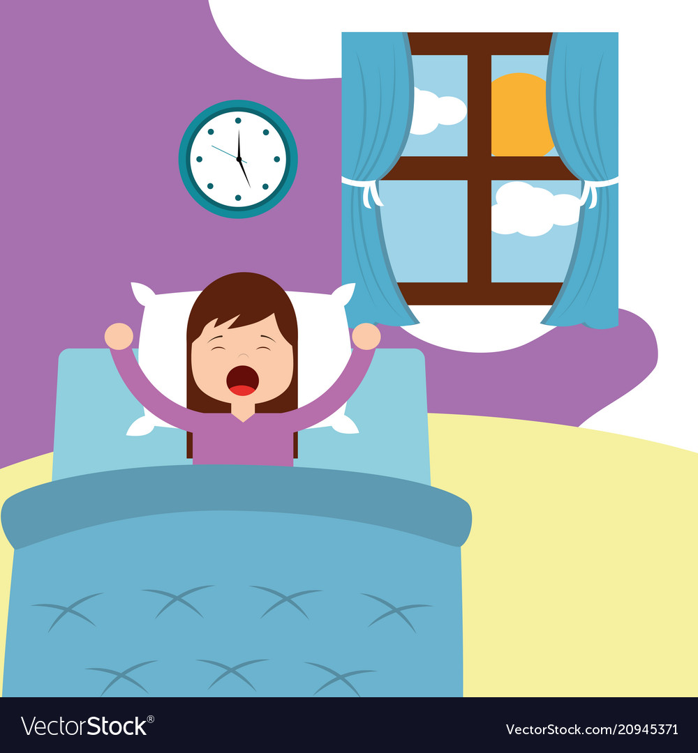 little-girl-wake-up-on-bed-in-morning-royalty-free-vector