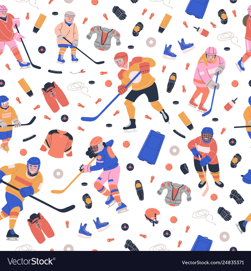 Pattern with ice hockey equipment and happy kids