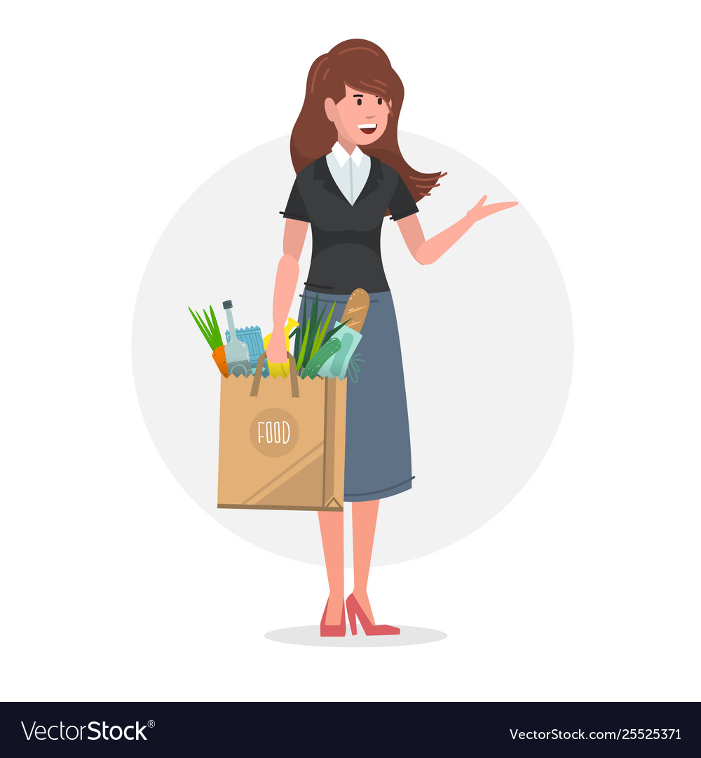 Woman food bag full groceries Royalty Free Vector Image