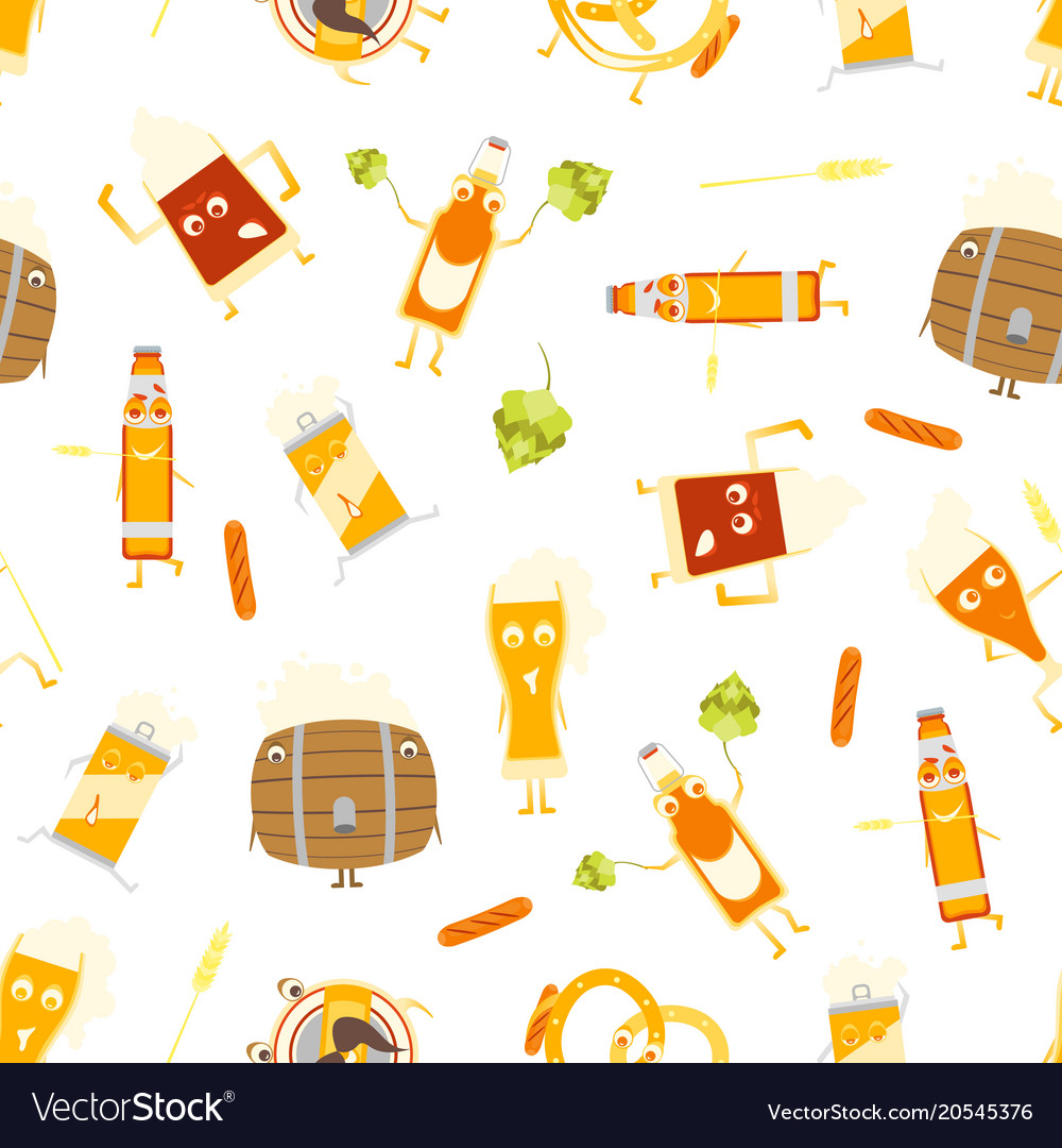 Cartoon funny beer characters seamless pattern