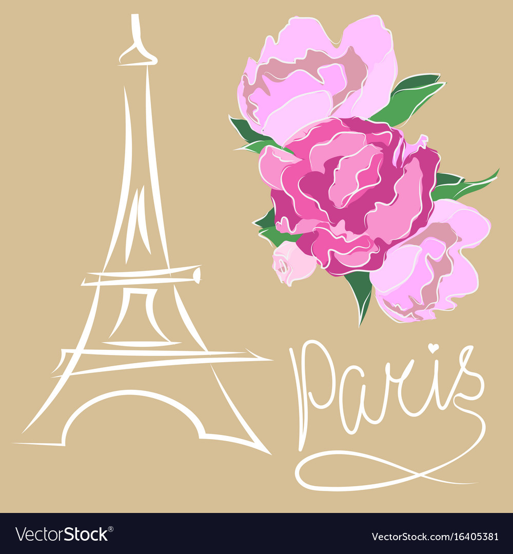 Paris text with eiffel tower and flower