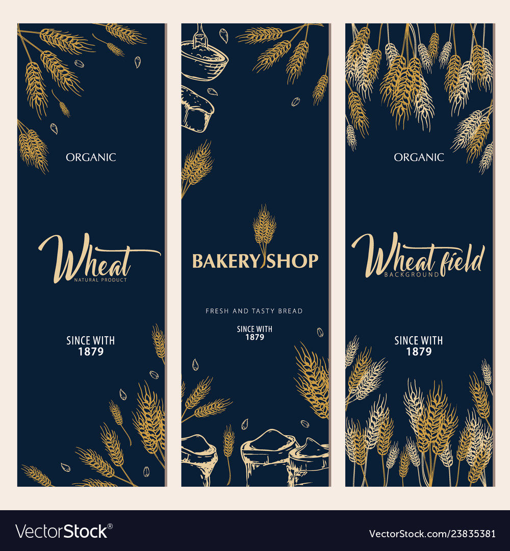 Set of bakery backgrounds with wheats linear vector image Set of bakery backgrounds with wheats linear