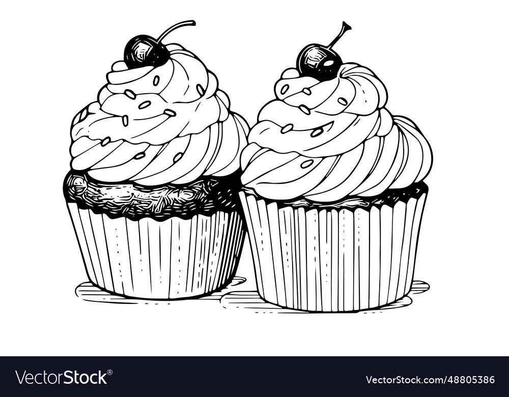 Cupcake with cherry hand drawn ink sketch Vector Image